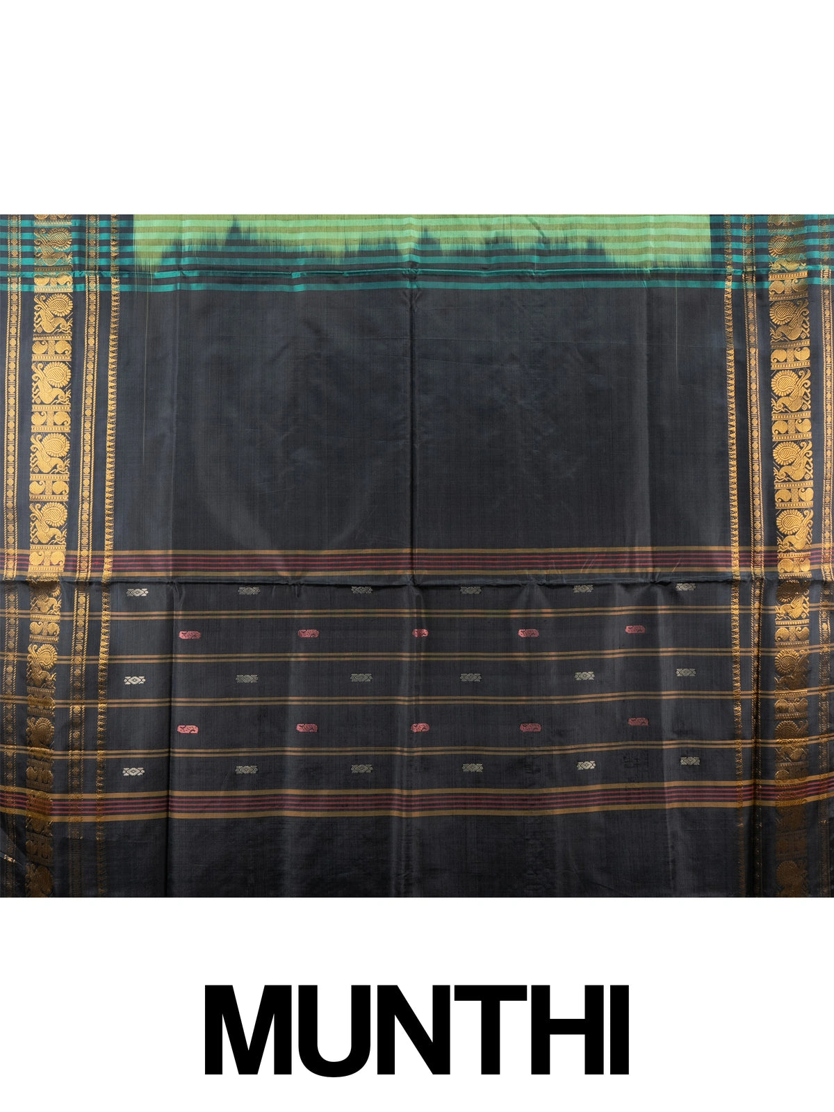 Green and black Banana Silk saree with gold zari peacock border and contrast pallu