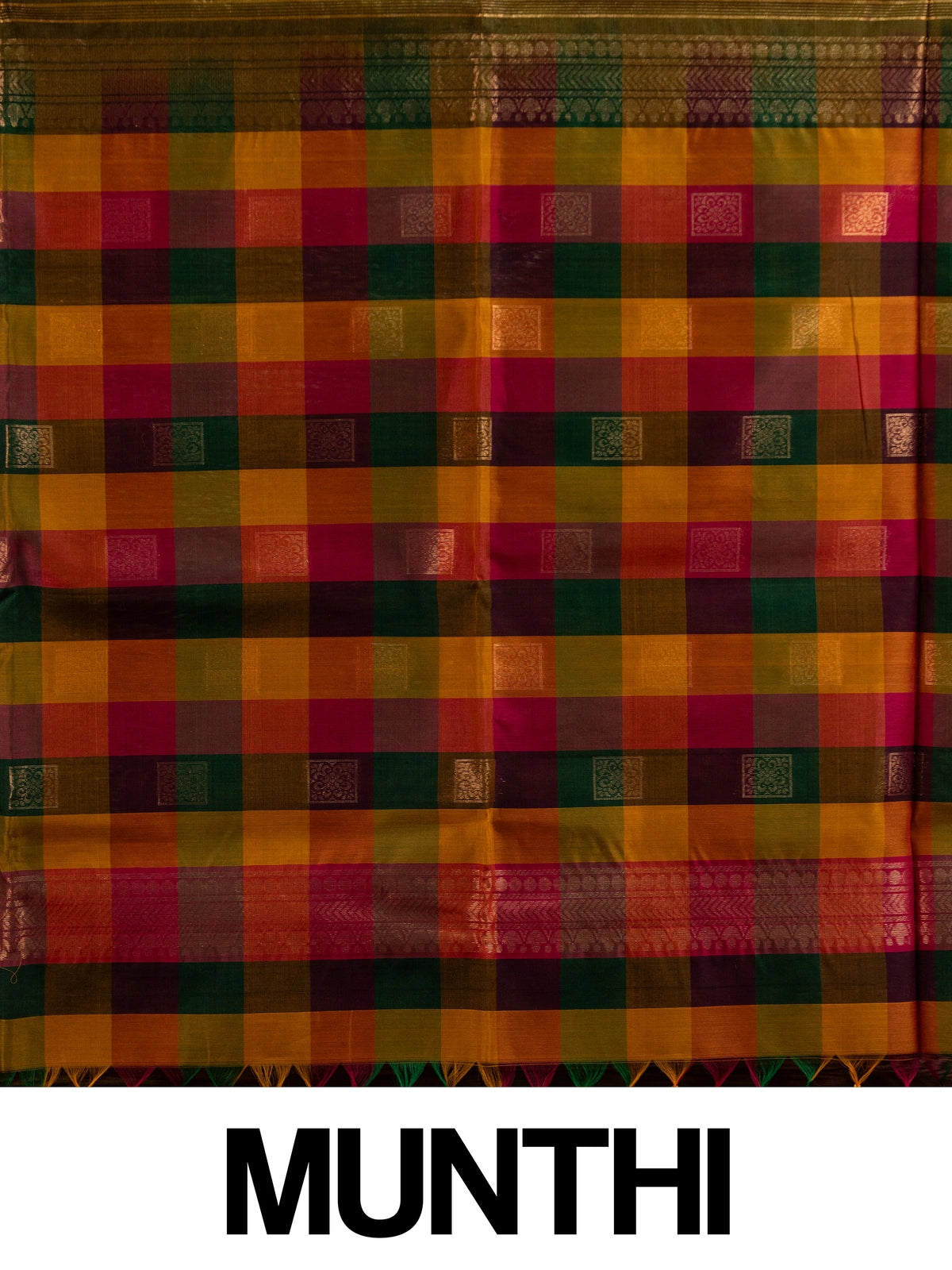 Mehendi green pure silk cotton saree with gold zari buttas and multicolour checked pallu