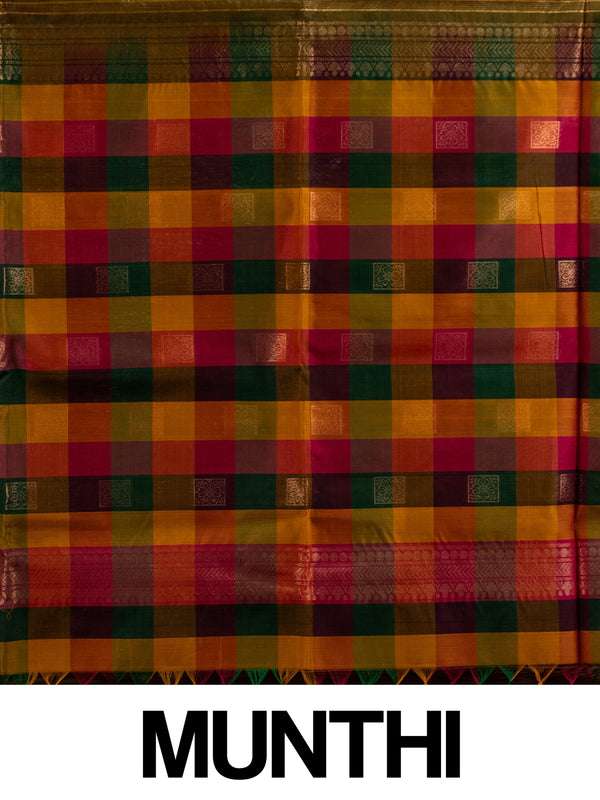 Mehendi green pure silk cotton saree with gold zari buttas and multicolour checked pallu