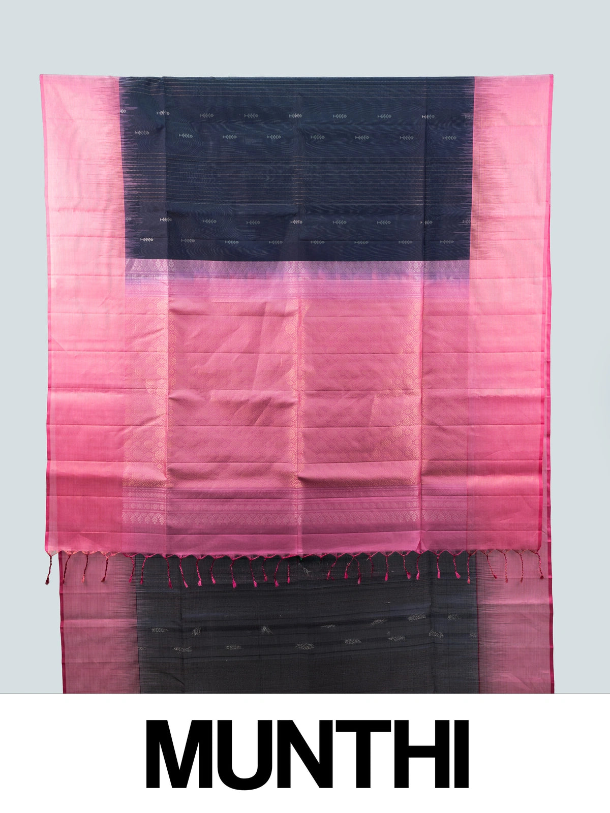 Navy blue soft silk saree with contrast pink zari border and pallu
