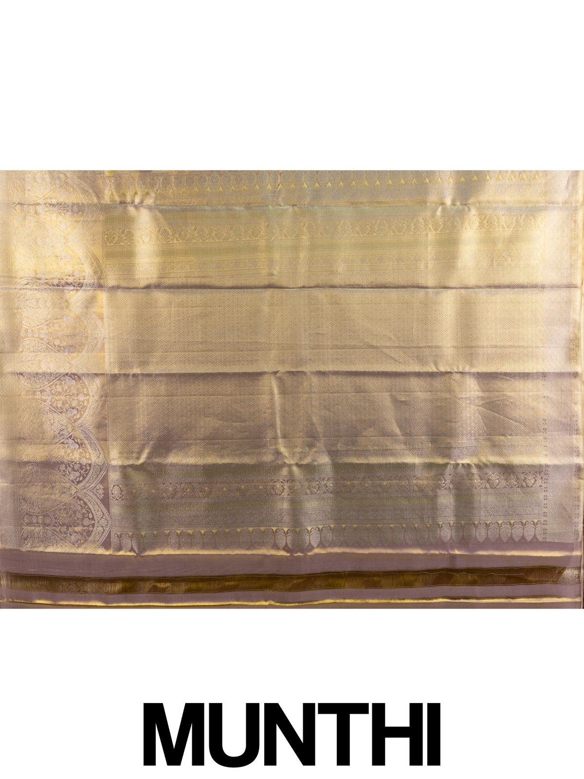 Gold and lilac pure Kanchipuram silk saree with diagonal zari stripes and floral zari border
