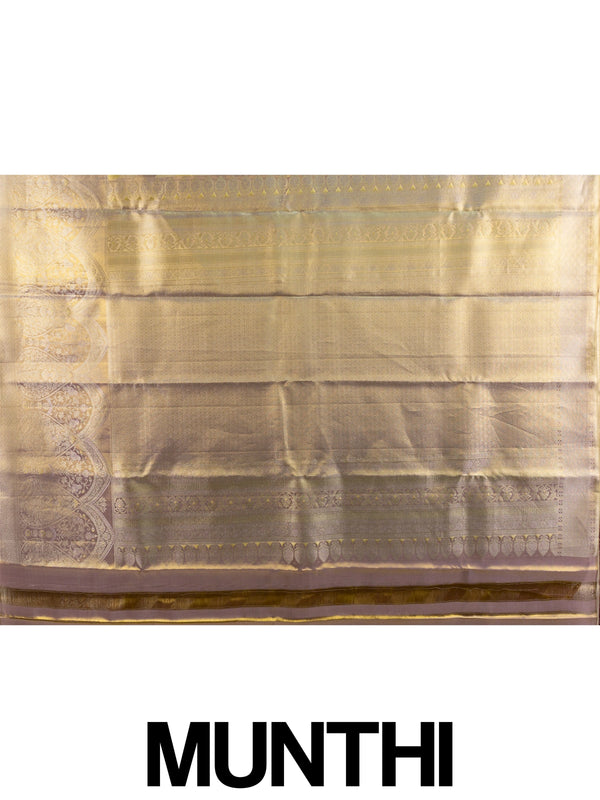 Gold and lilac pure Kanchipuram silk saree with diagonal zari stripes and floral zari border