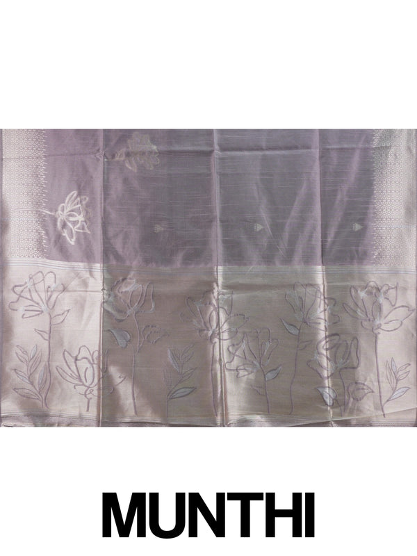 Dusty mauve semi tussar saree with silver zari floral pallu and geometric border