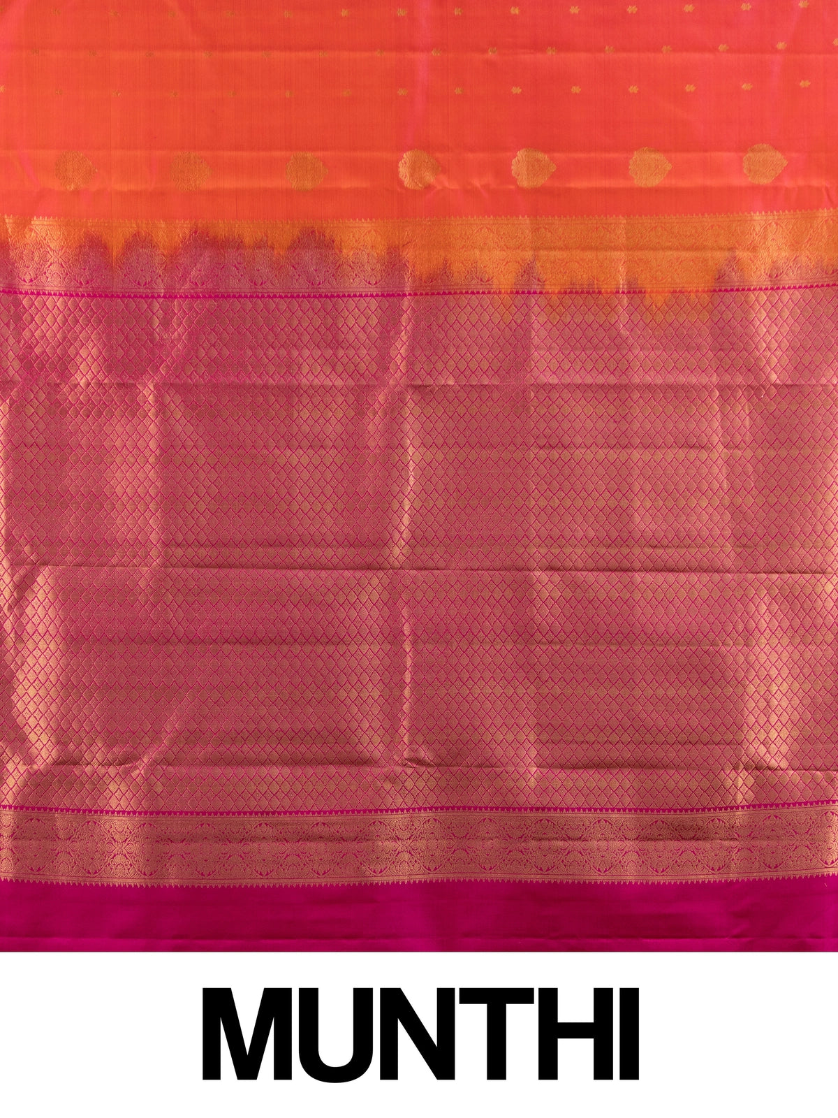 Orange pure Kanchipuram silk saree with contrast pink zari border and gold buttas