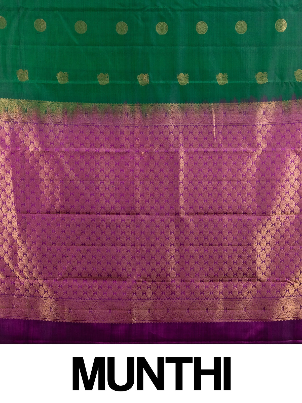 Green pure Kanchipuram silk saree with contrast magenta gold zari border and buttas