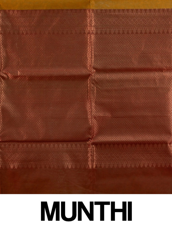 Mustard silk cotton saree with orange border, zari buttas, and a maroon copper-zari pallu