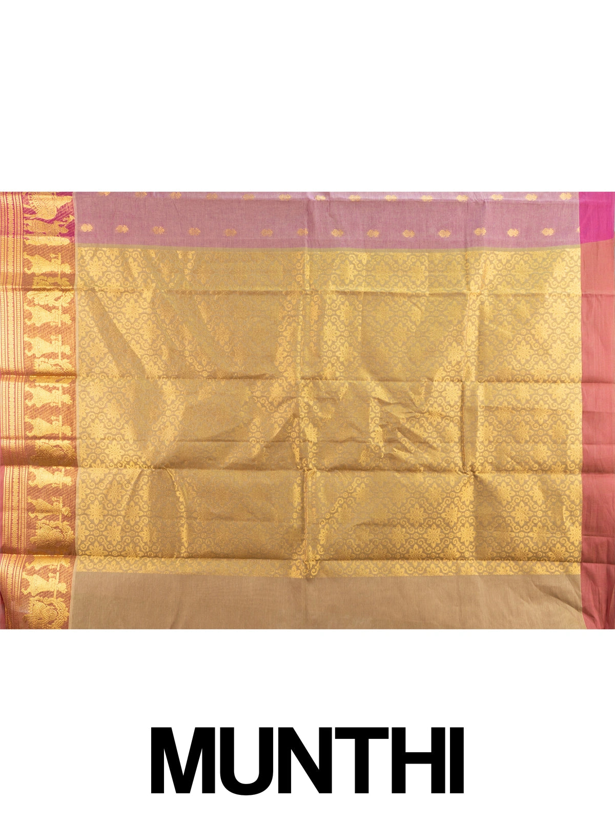 Dusty mauve Chettinad cotton saree with gold zari buttas and contrast magenta figurative border