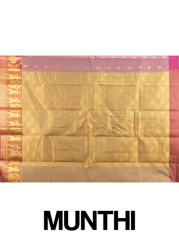Dusty mauve Chettinad cotton saree with gold zari buttas and contrast magenta figurative border