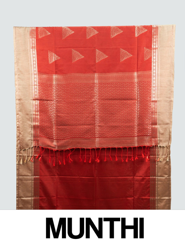 Red Kanchipuram Fancy Silk saree with contrast beige gold zari border and temple triangle motifs