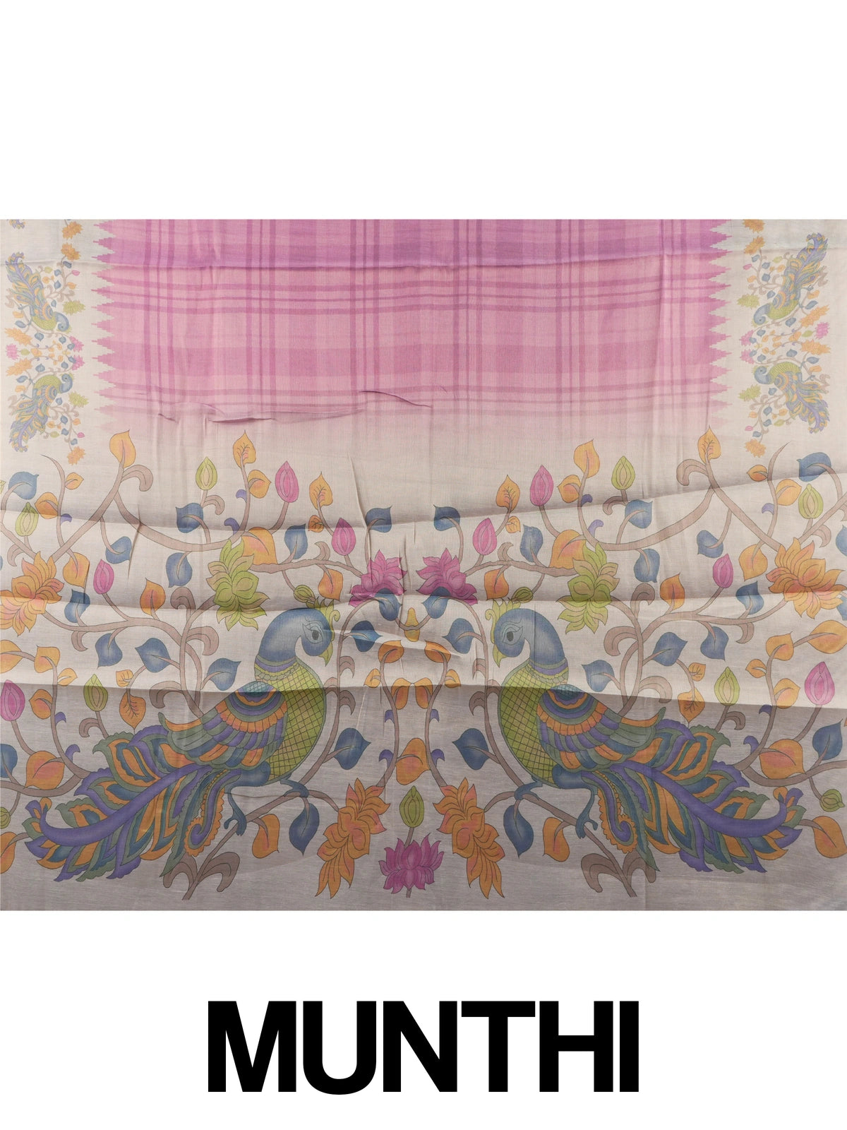 Pink and cream linen cotton saree with checked body, temple border and Kalamkari peacock pallu