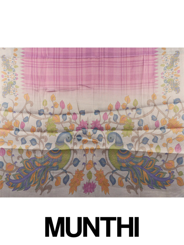 Pink and cream linen cotton saree with checked body, temple border and Kalamkari peacock pallu