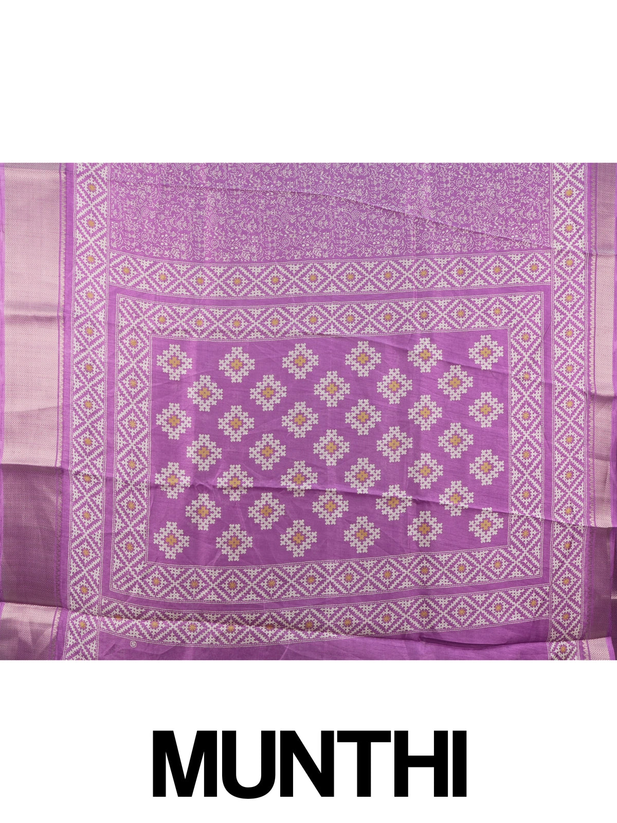 Purple Dola silk saree with white Warli-style print, patola pallu and silver zari border