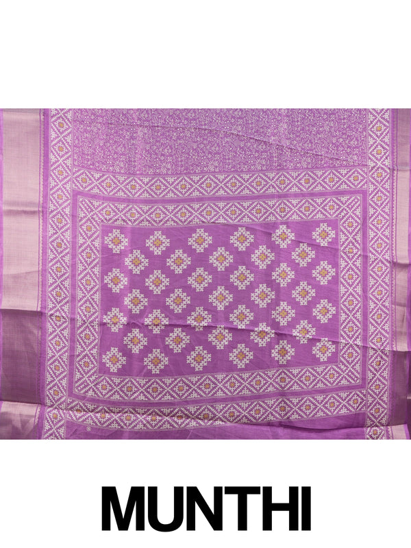 Purple Dola silk saree with white Warli-style print, patola pallu and silver zari border