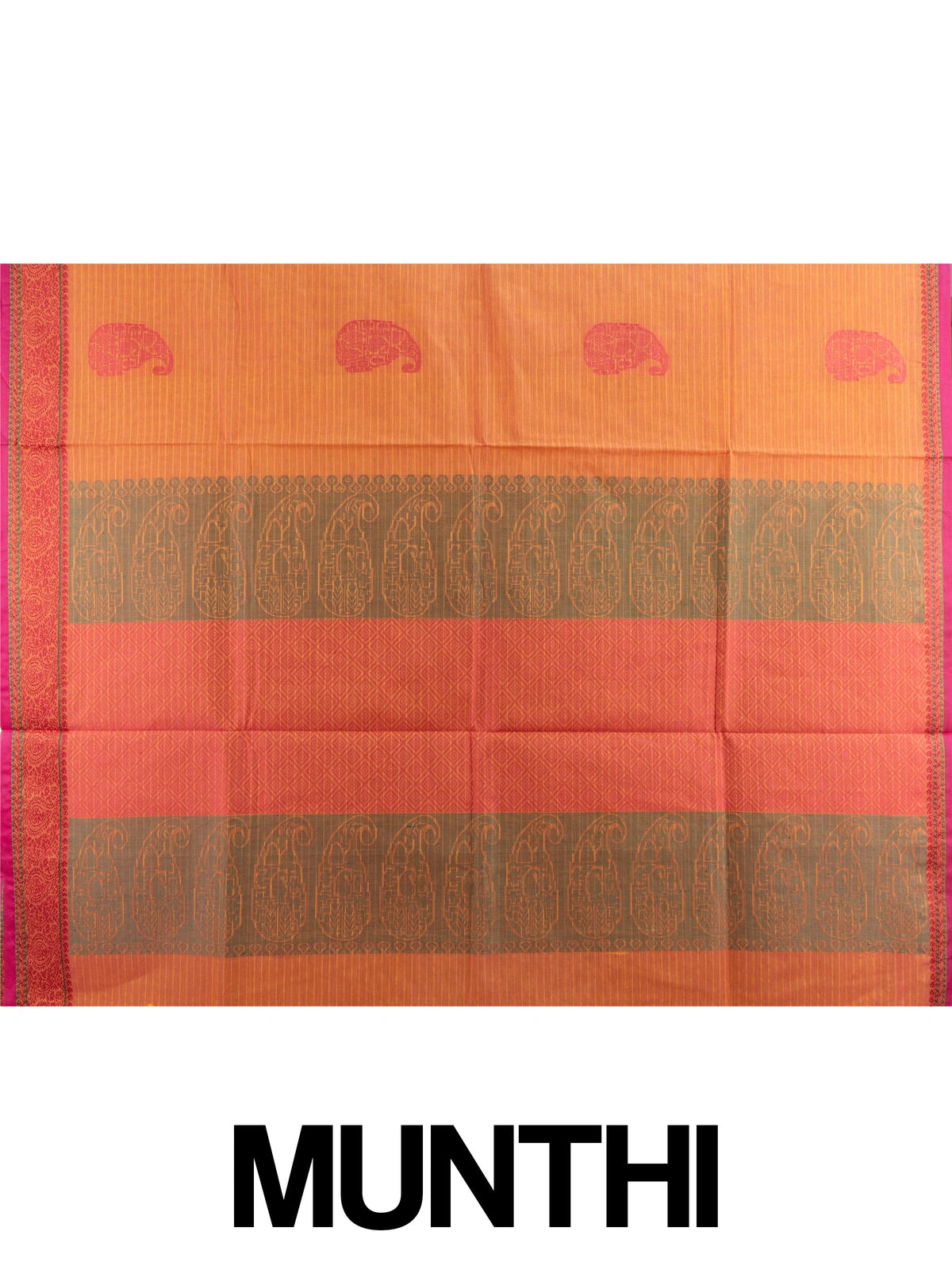 Orange and pink semi raw silk saree with paisley and elephant motifs and contrast woven border