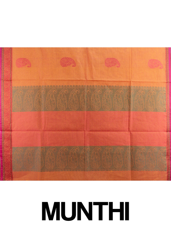Orange and pink semi raw silk saree with paisley and elephant motifs and contrast woven border