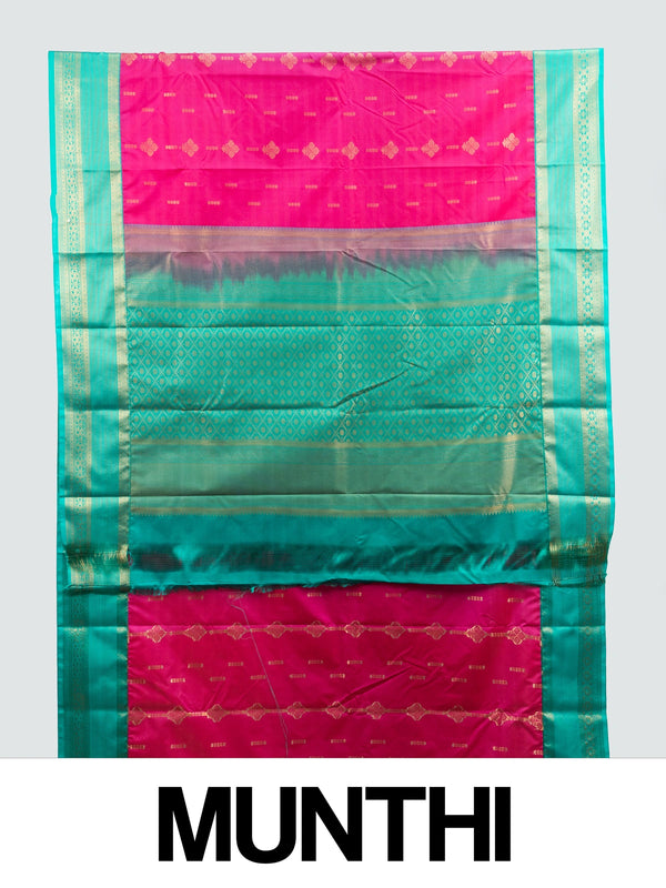 Rani pink Kanchipuram fancy silk saree with teal green contrast border, gold zari buttas and diamond-grid zari pallu