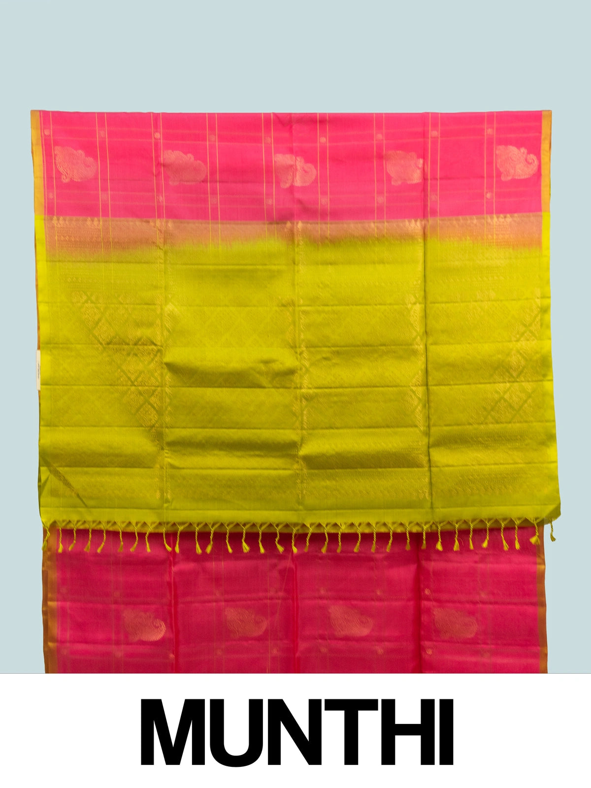 Rani pink Kanchipuram pure mix saree with gold zari checks and contrast lime green border and pallu