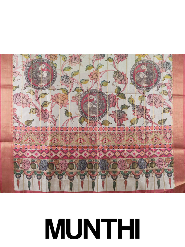 Cream Dola silk saree with pink zari border and Kalamkari peacock-medallion pallu