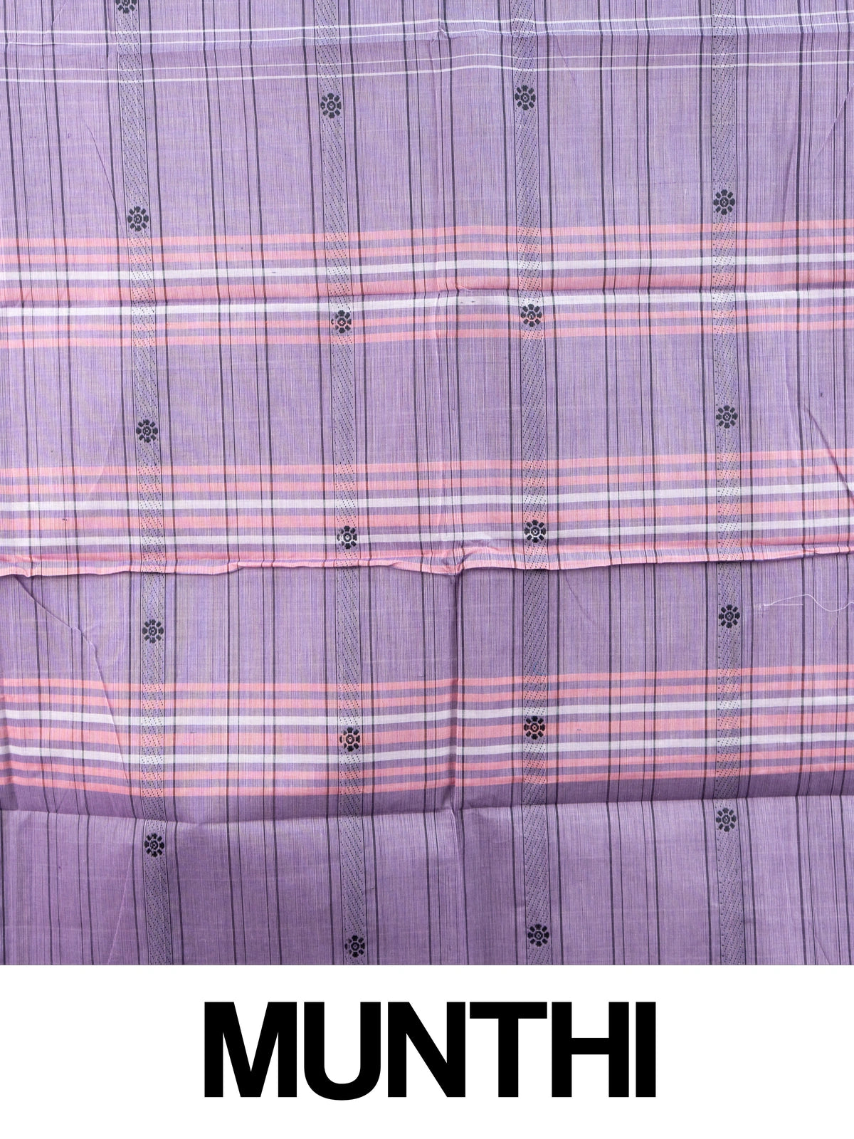 Lavender Chettinad cotton saree with black and gold zari peacock border and pink striped pallu
