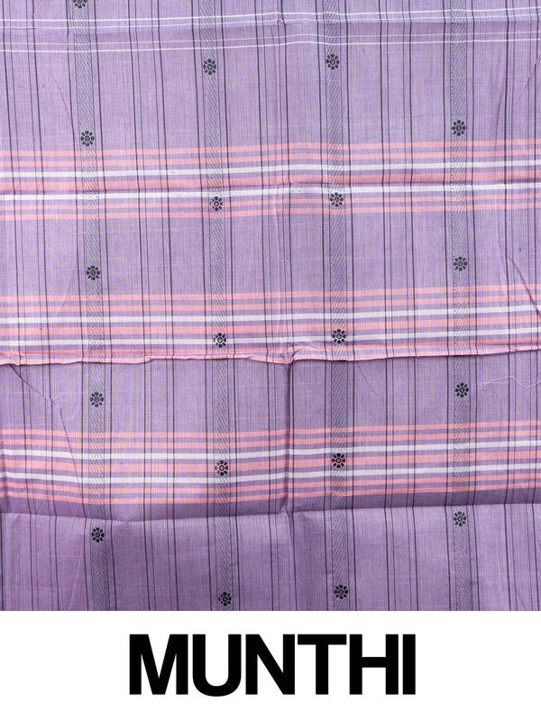 Lavender Chettinad cotton saree with black and gold zari peacock border and pink striped pallu