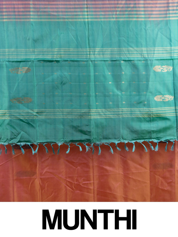 Peach pink and teal green banana silk saree with gold zari buttas and contrast striped pallu