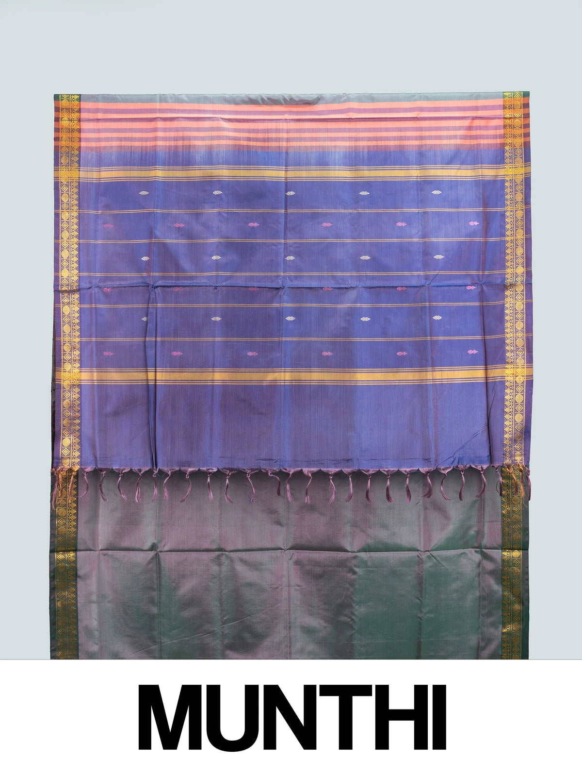 Dual-tone grey and blue banana silk saree with gold zari border and striped blue pallu