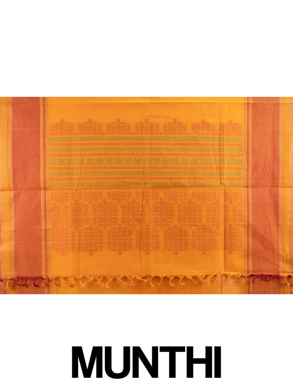 Mustard semi raw silk saree with contrast rust border and kolam-motif pallu