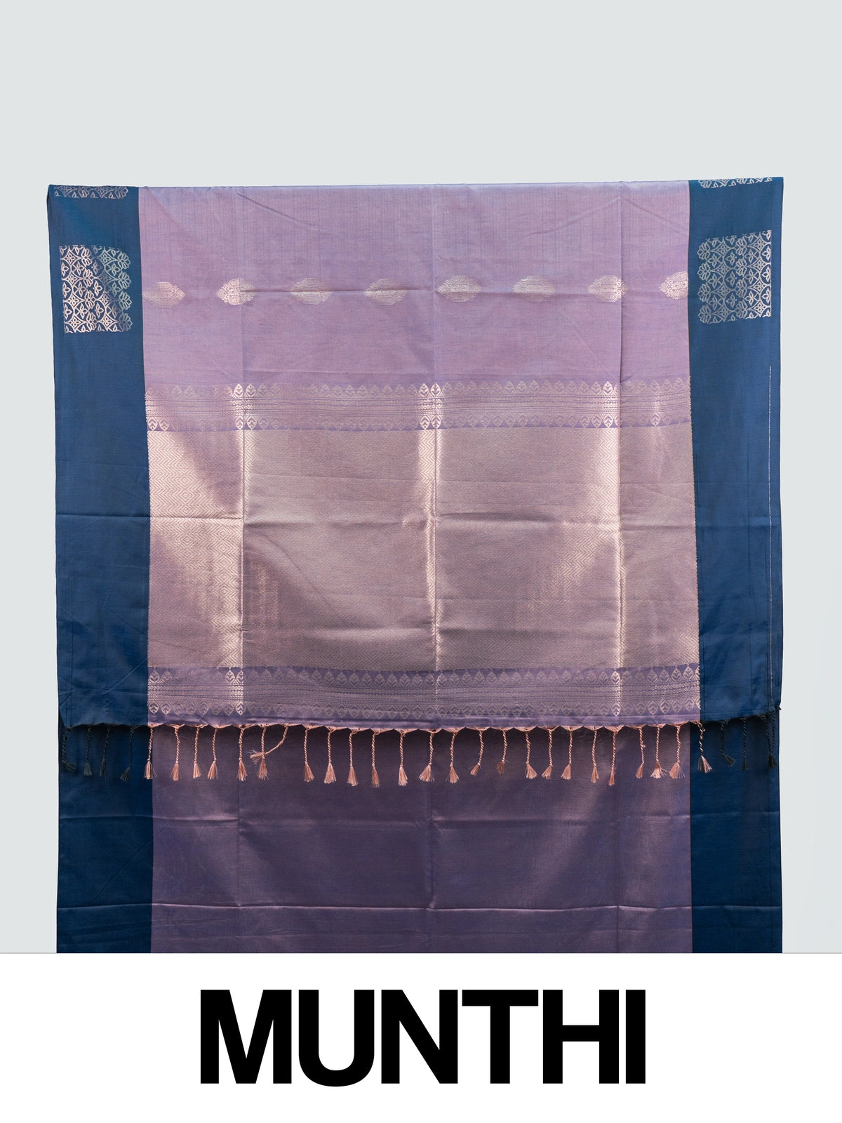 Mauve Kanchipuram fancy silk saree with navy blue contrast border and silver zari pallu