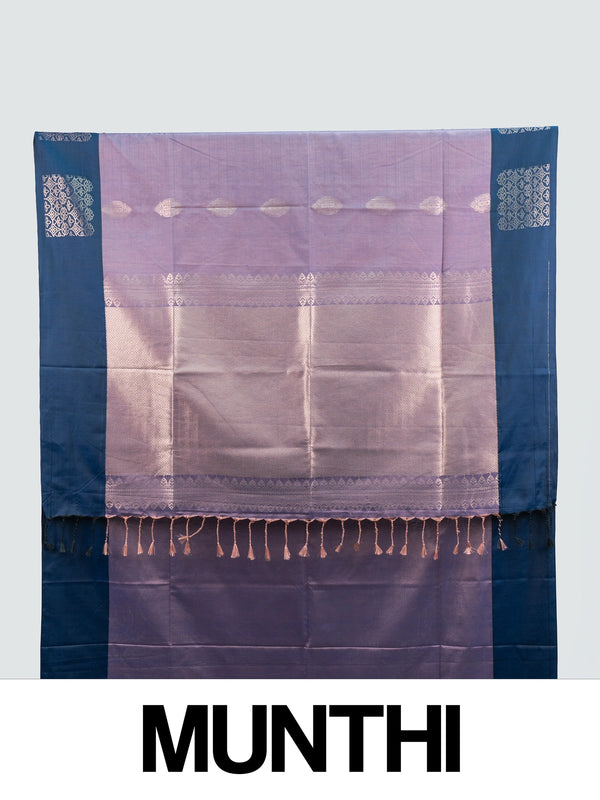 Mauve Kanchipuram fancy silk saree with navy blue contrast border and silver zari pallu