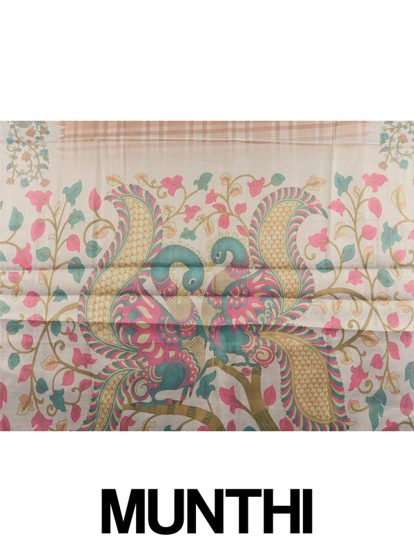Peach beige and cream linen cotton saree with Kalamkari peacock pallu and checked body