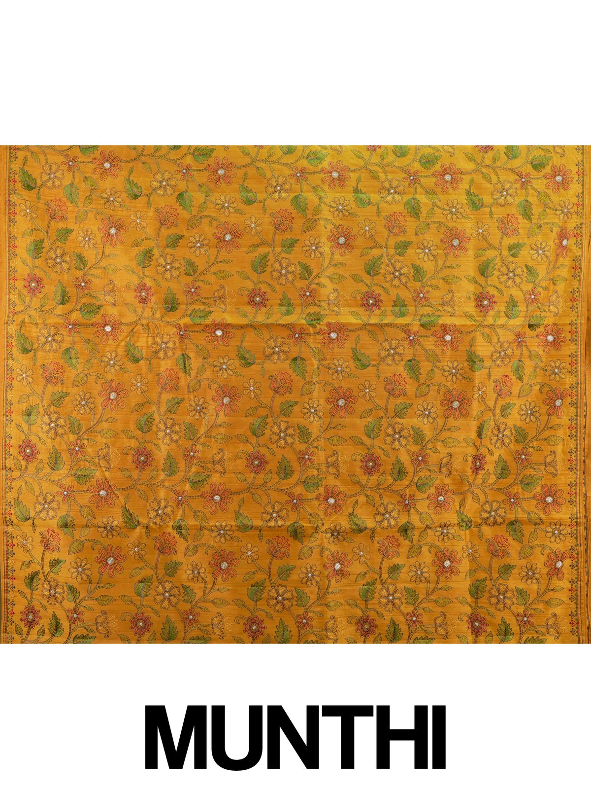 Mustard yellow semi tussar saree with allover multicolour floral embroidery and embroidered pallu