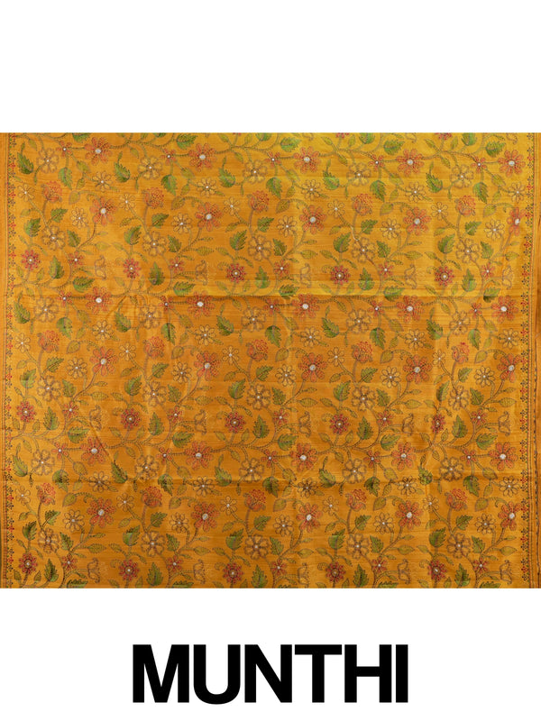 Mustard yellow semi tussar saree with allover multicolour floral embroidery and embroidered pallu