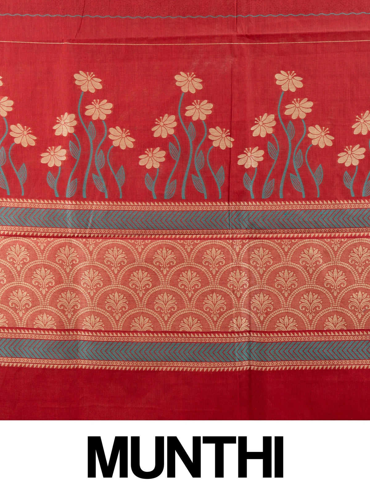 Maroon red silk cotton saree with orange contrast border, floral woven motifs and decorative pallu