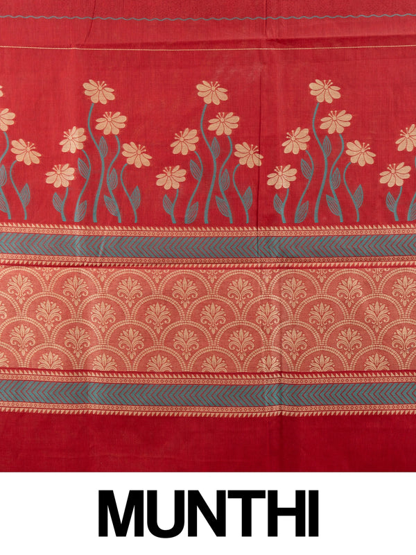Maroon red silk cotton saree with orange contrast border, floral woven motifs and decorative pallu