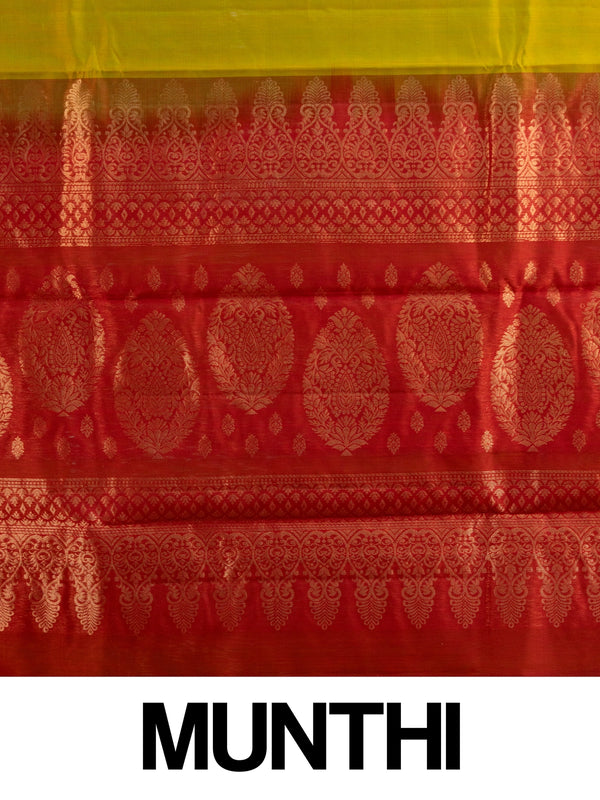Mehendi green pure silk cotton saree with contrast red gold zari border and woven pallu