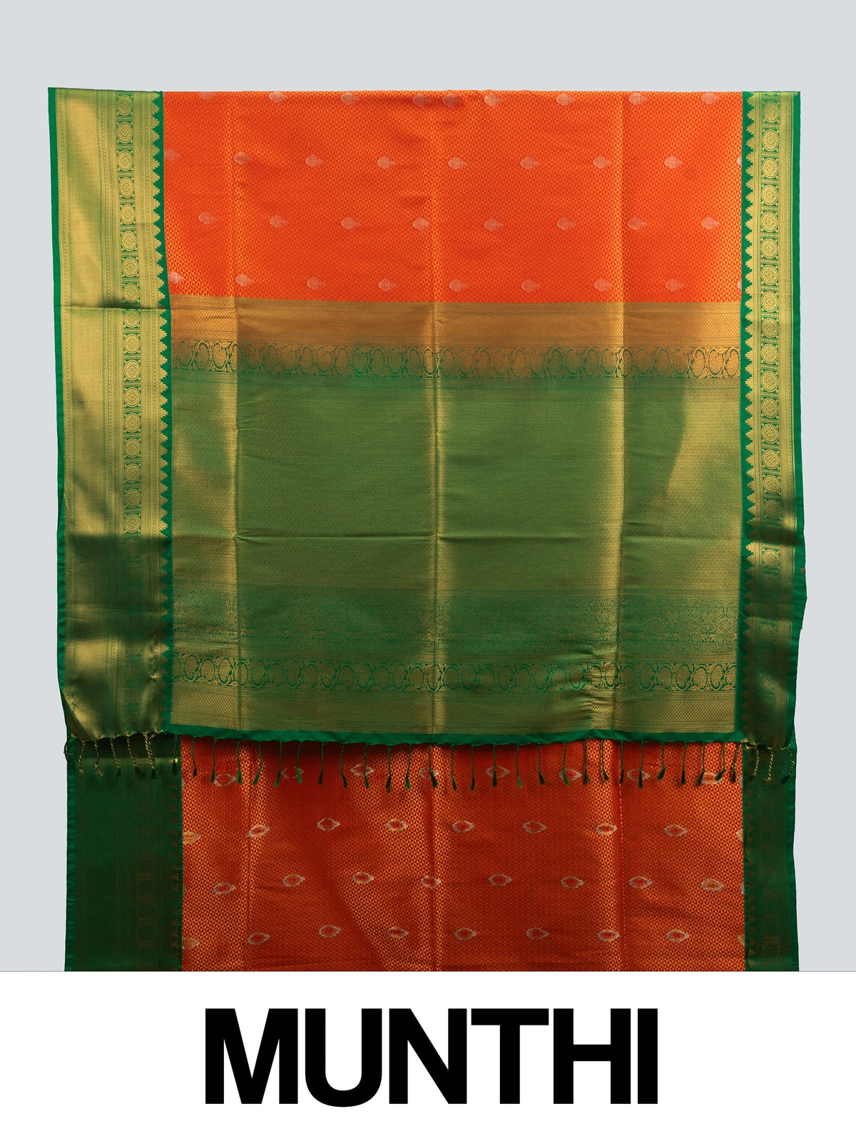 Orange Kanchipuram fancy silk saree with contrast green gold zari border and pallu