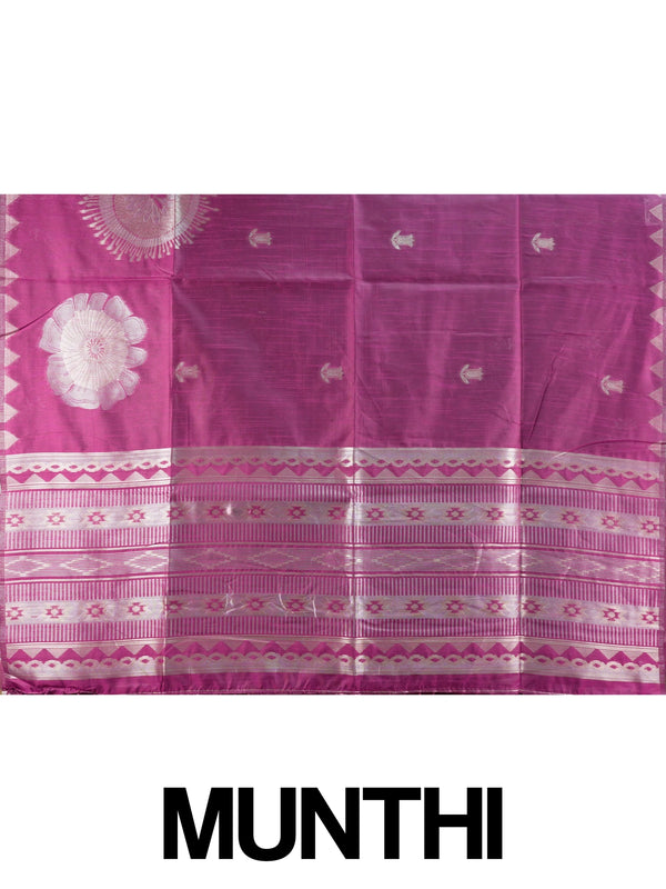 Magenta semi tussar saree with silver floral medallions and temple triangle border