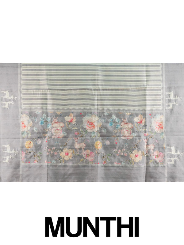 Grey and cream designer saree with embroidered deer motifs and floral pallu