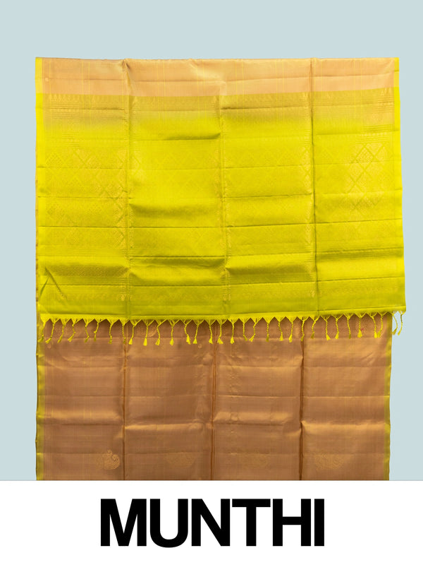 Copper gold Kanchipuram Pure Mix saree with lime green gold zari contrast border and pallu