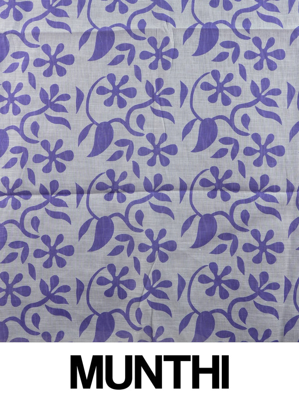 Purple and white floral printed linen cotton saree with white border and pallu