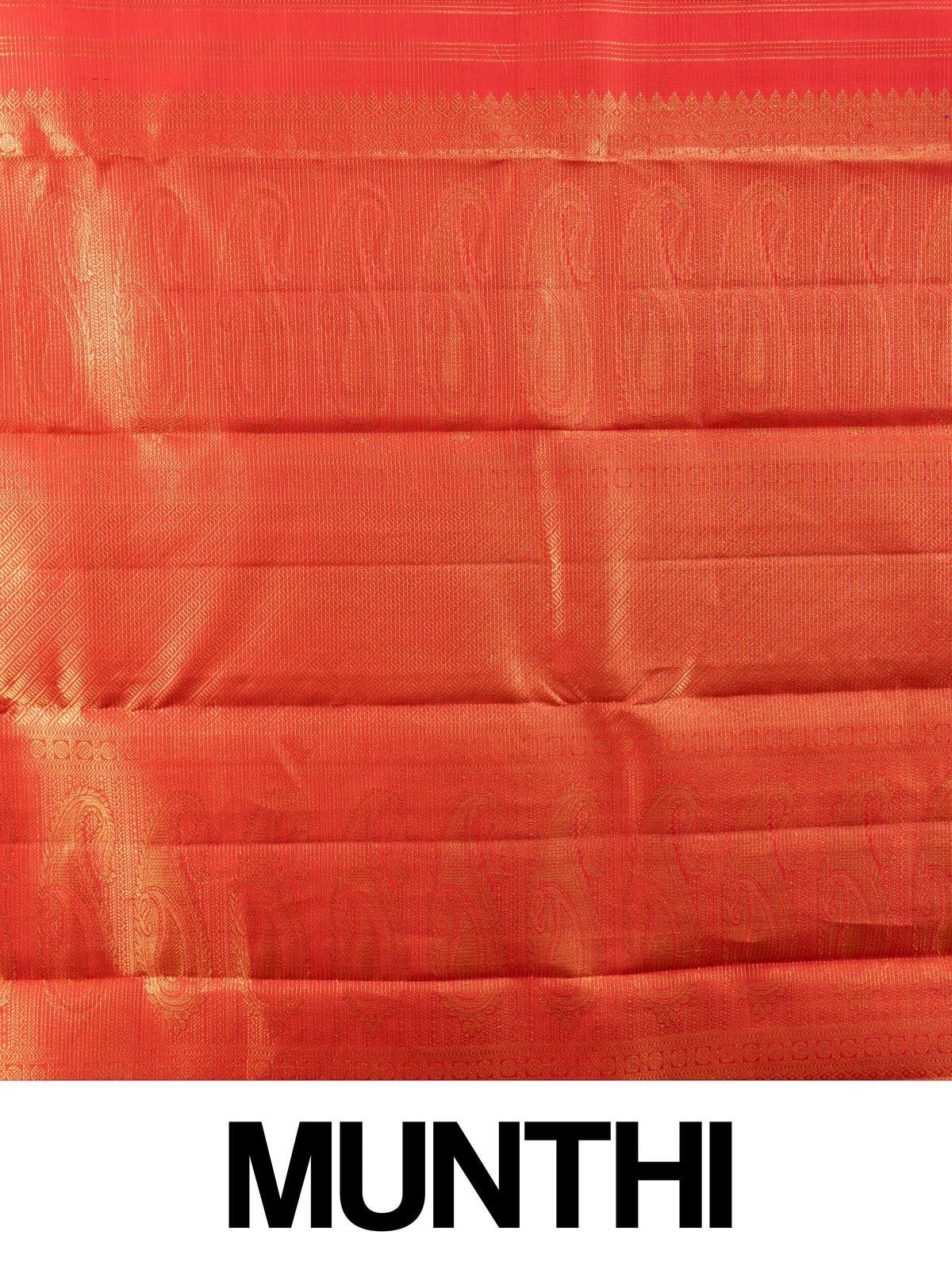 Red pure Kanchipuram silk saree with gold zari buti body, contrast temple-style gold border and paisley zari pallu