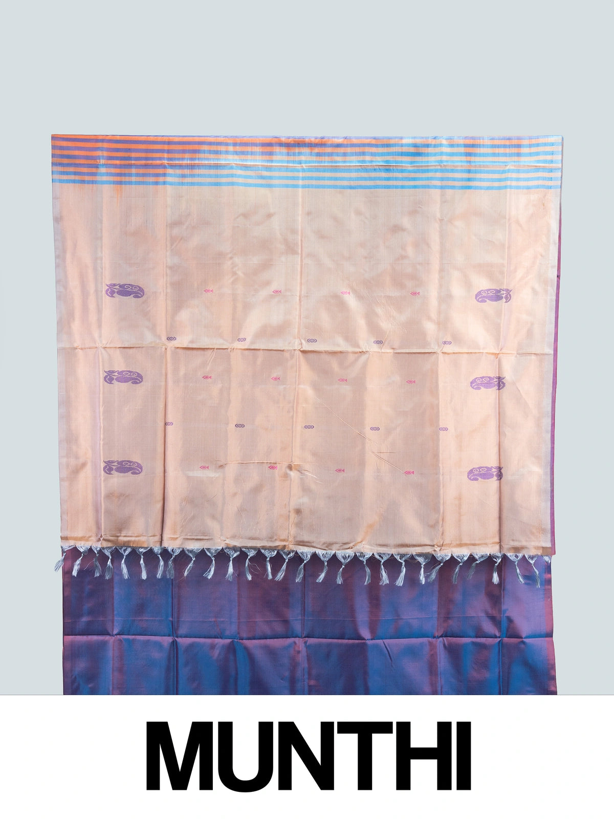 Blue and purple iridescent banana silk saree with woven buttas and contrast striped peach pallu