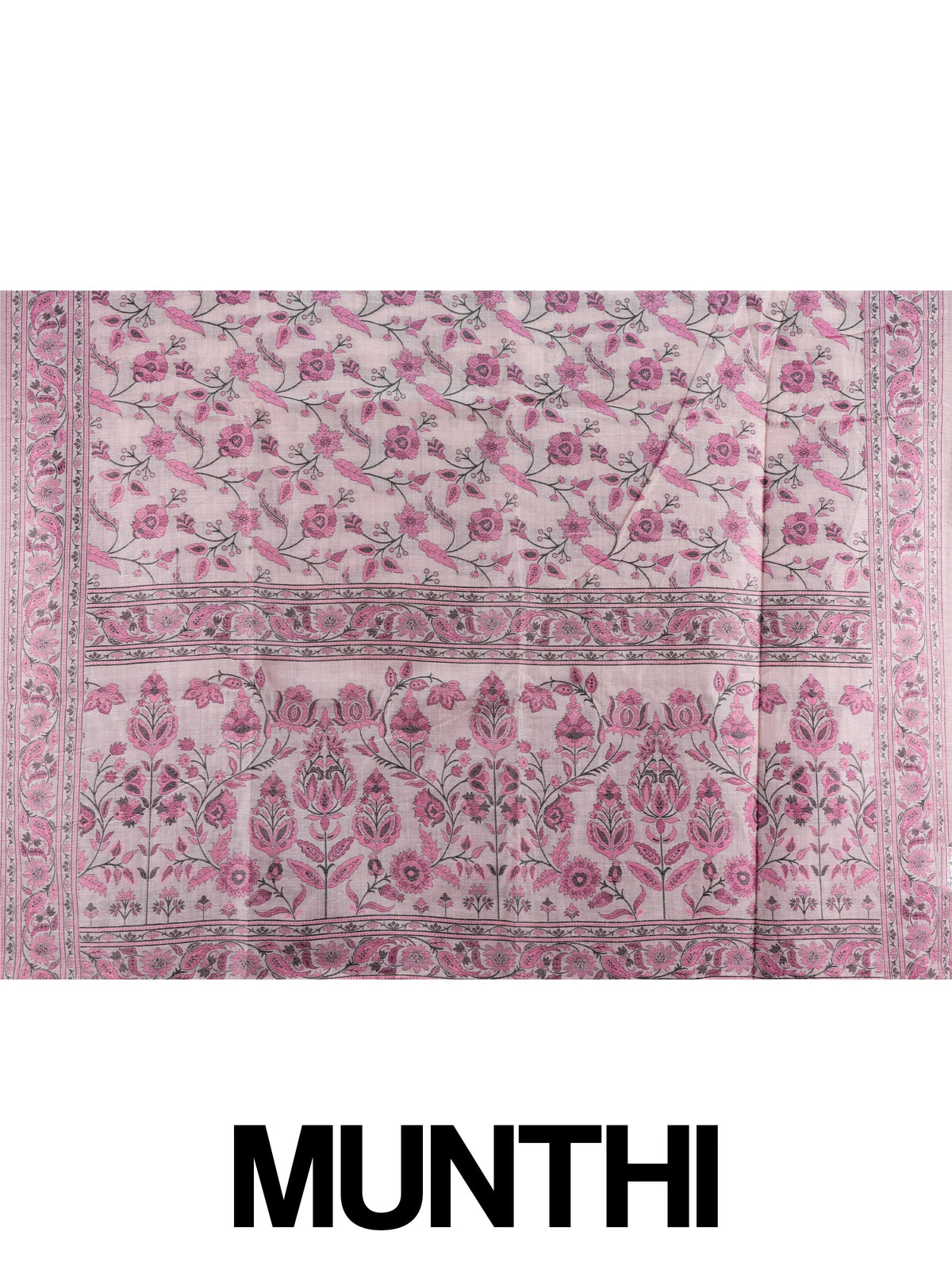 Mauve pink floral printed linen cotton saree with pink and black all-over floral jaal and matching printed border