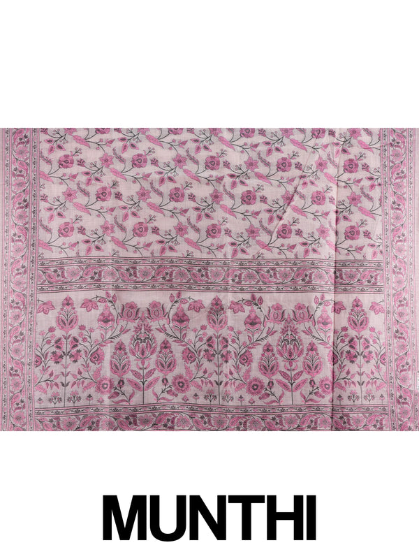 Mauve pink floral printed linen cotton saree with pink and black all-over floral jaal and matching printed border