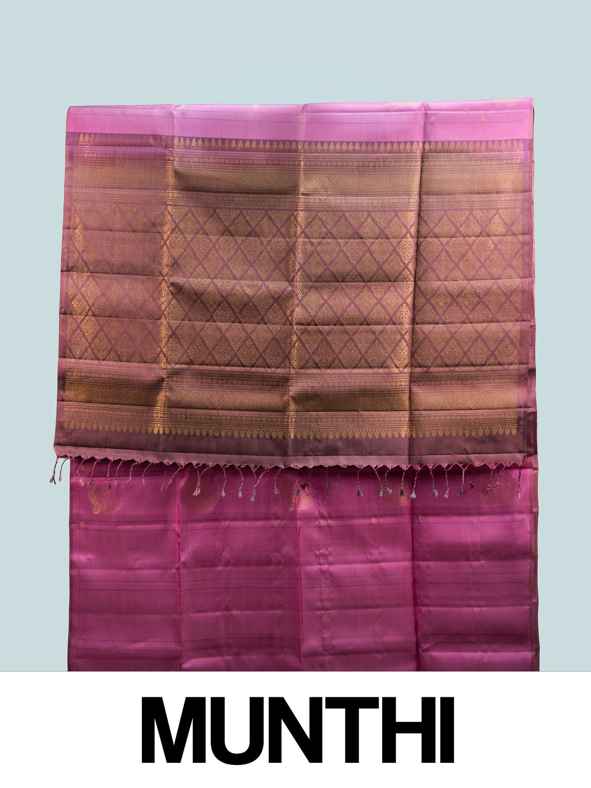 Pink and maroon Kanchipuram Pure Mix saree with gold zari paisley buttas and contrast border
