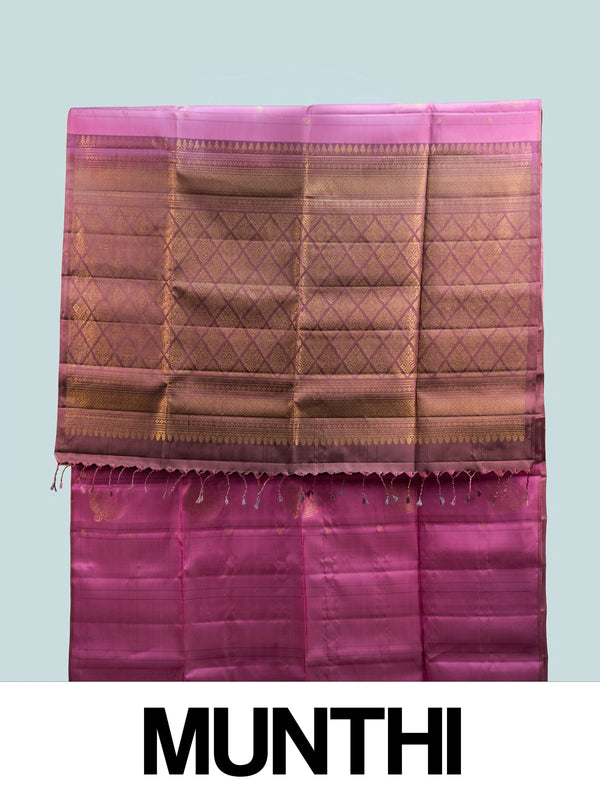 Pink and maroon Kanchipuram Pure Mix saree with gold zari paisley buttas and contrast border