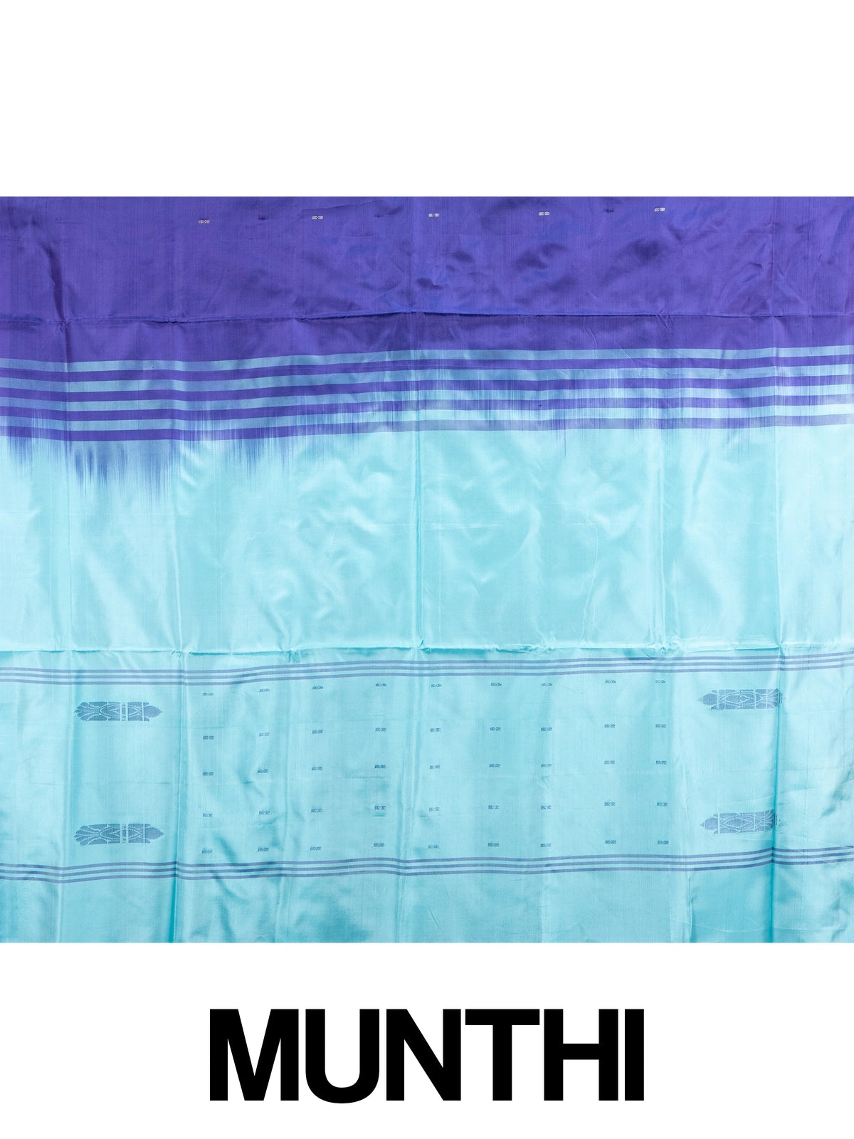 Royal blue banana silk saree with silver zari buttas and contrast turquoise striped pallu and border