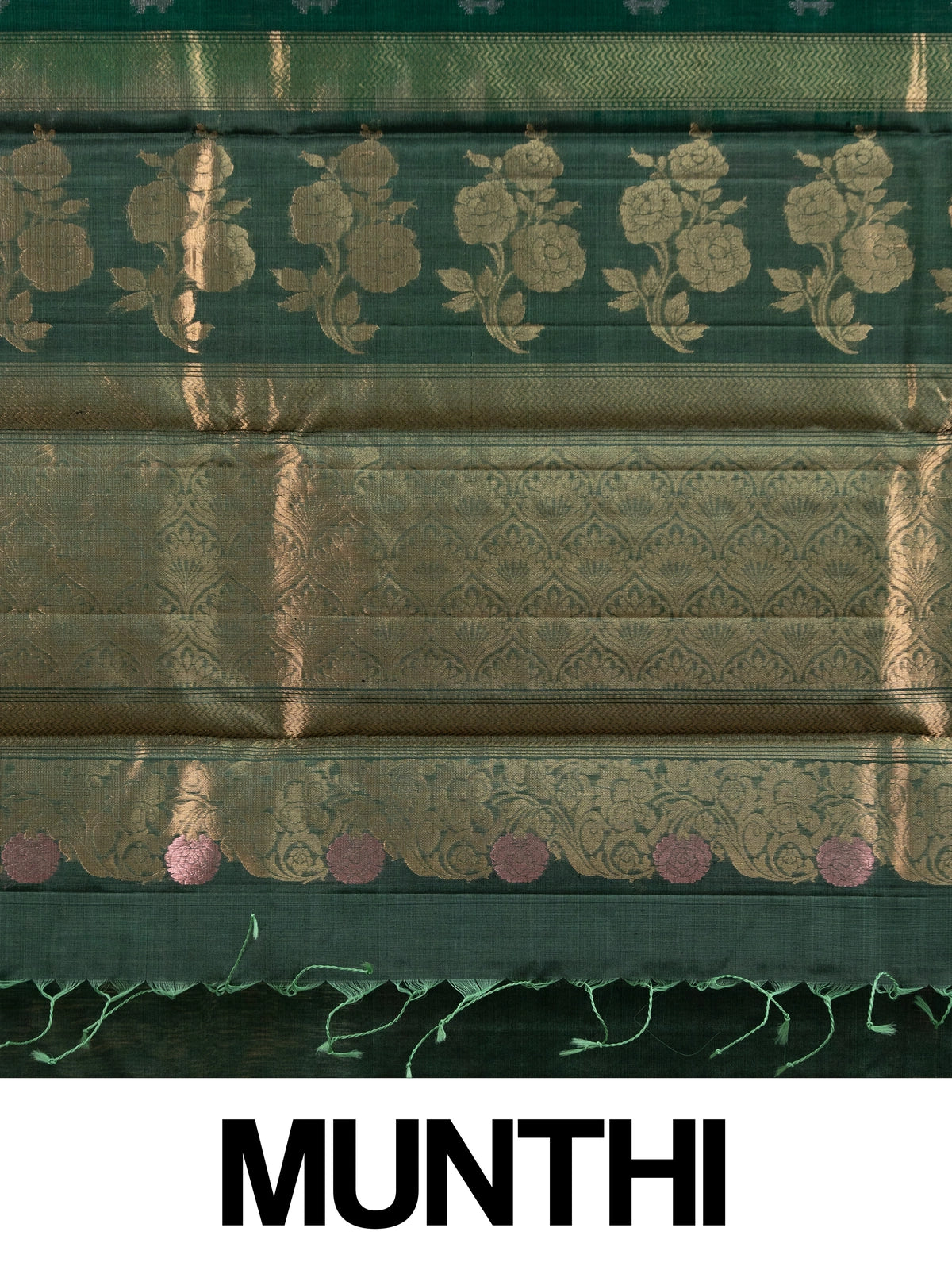 Dark green pure silk cotton saree with gold zari floral border and ikat-style buttas