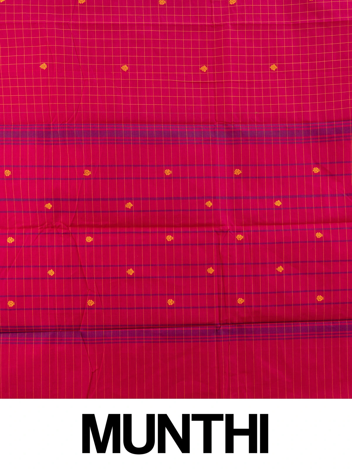 Pink Chettinad cotton saree with checked body, woven buttas, and contrast purple gold zari border