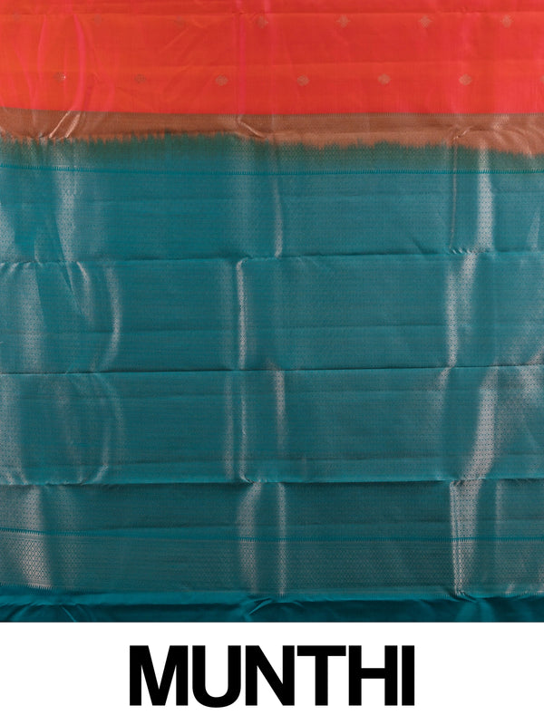 Pink and teal pure Kanchipuram silk saree with silver zari peacock border and gold buttas